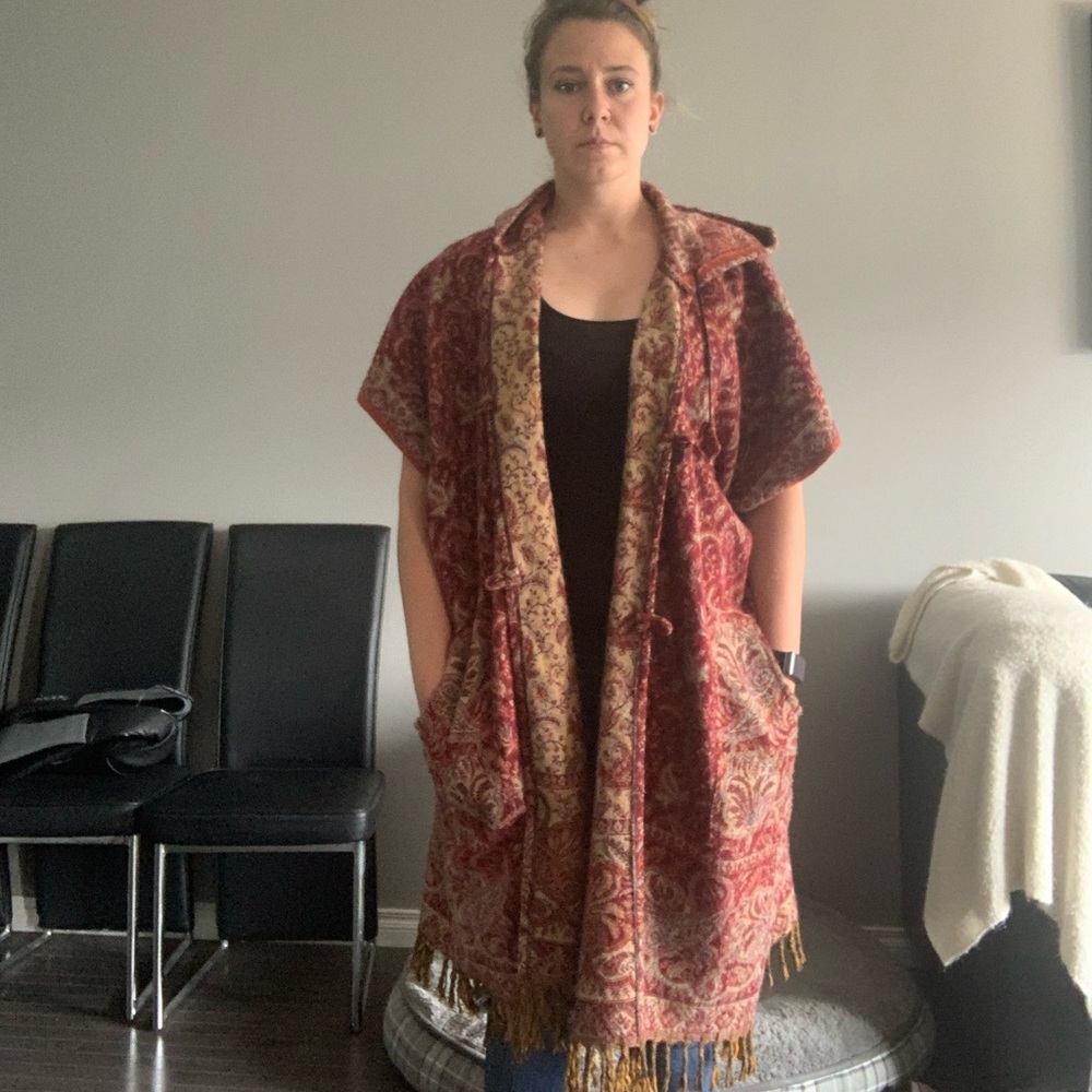 Red Manali Hooded Wool Poncho 100% Wool With Tassles OS